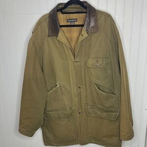 Banana Republic Khaki Chore Coat with Brown Leather Collar Size Extra Large